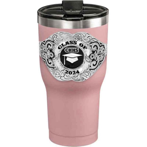 A customized tumbler made of stainless steel with a personalized engraved Class of 2024 lettering with graduate cap figure, 30 oz, ideal for coffee or cool drinks